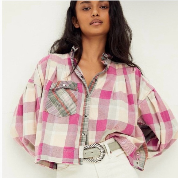 free people movement Tops - FP Movement by Free People Pink Plaid Button Down Shirt